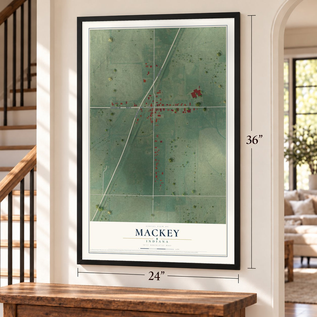 Mackey, Indiana map, 24 x 36 inch print in a black frame by a staircase