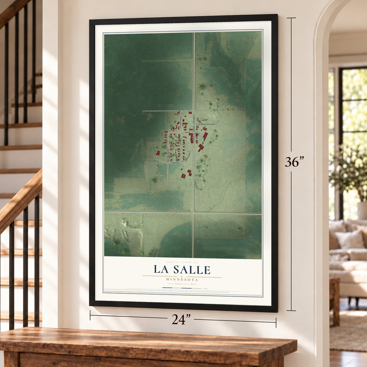La Salle, Minnesota map, 24 x 36 inch print in a black frame by a staircase