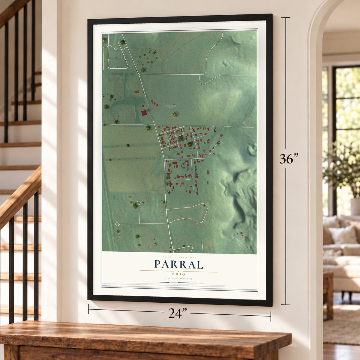 Parral, Ohio map, 24 x 36 inch print in a black frame by a staircase