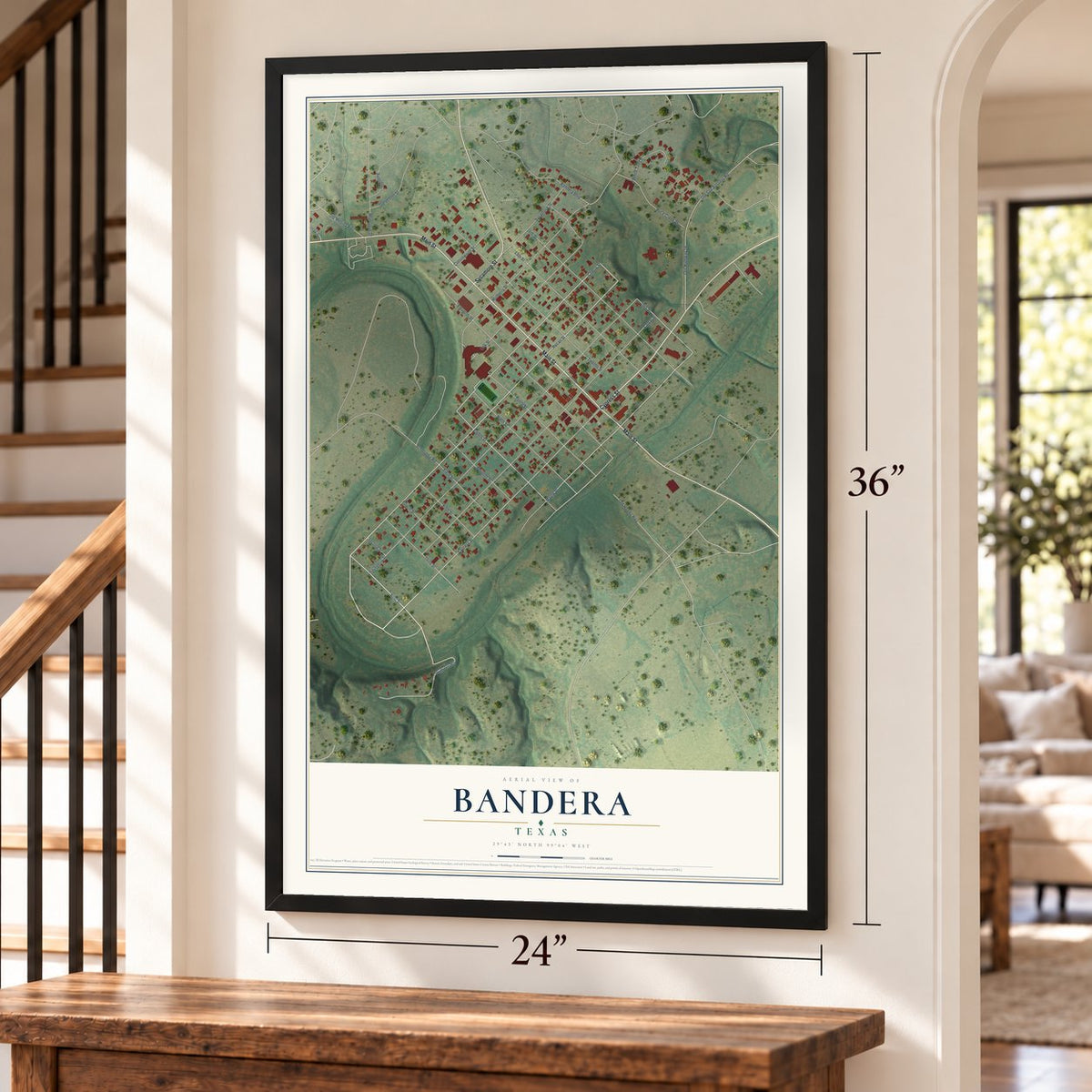 Bandera, Texas map, 24 x 36 inch print in a black frame by a staircase