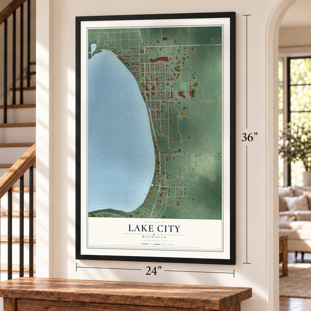 Lake City, Michigan map, 24 x 36 inch print in a black frame by a staircase