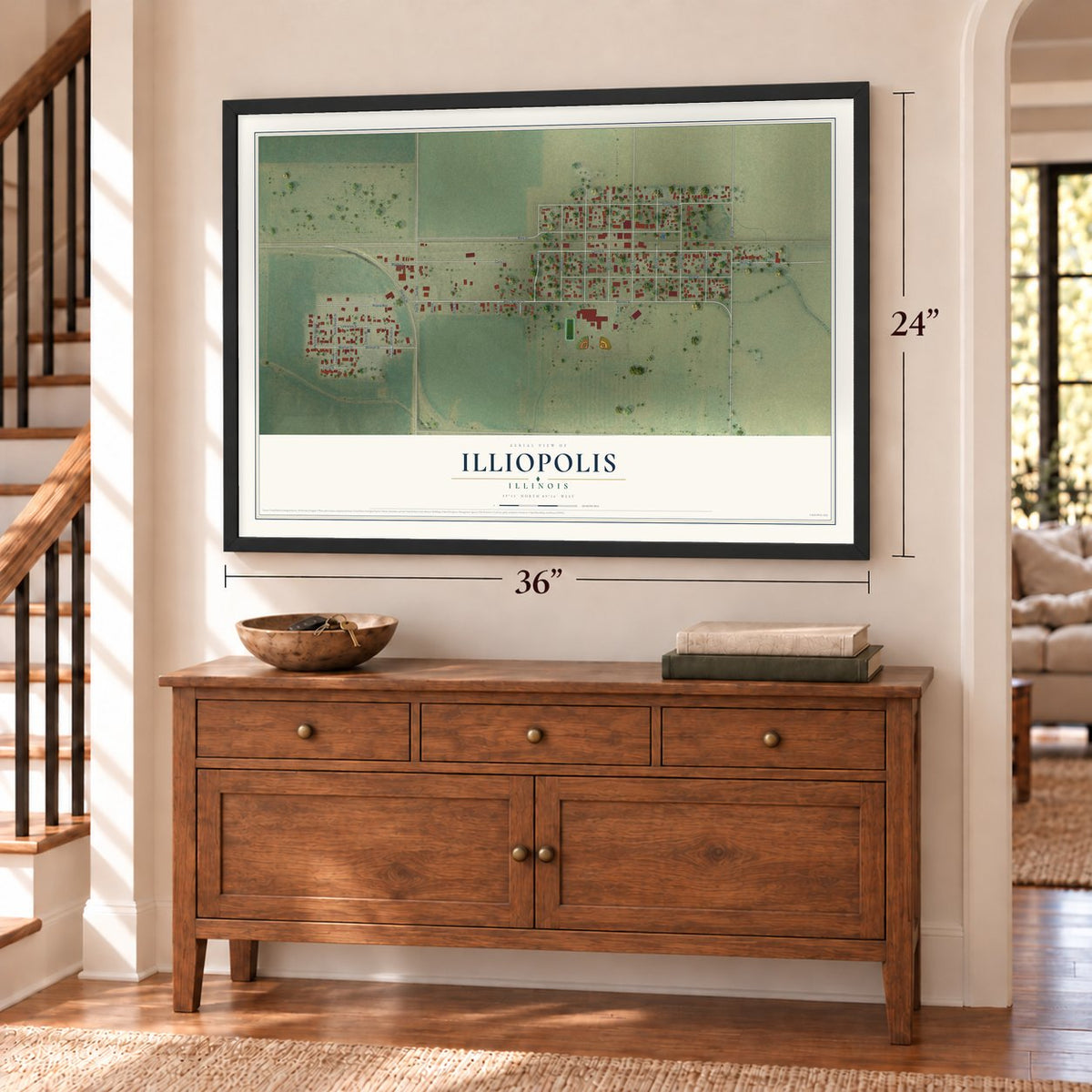Illiopolis, Illinois map, 24 x 36 inch print in a black frame above a dresser by a staircase