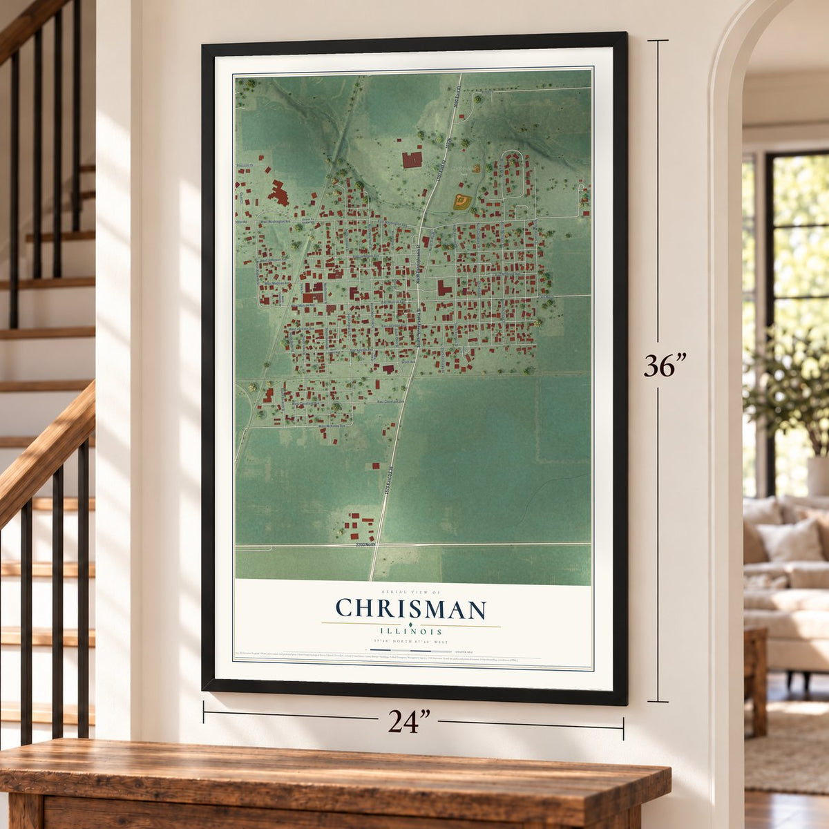 Chrisman, Illinois map, 24 x 36 inch print in a black frame by a staircase