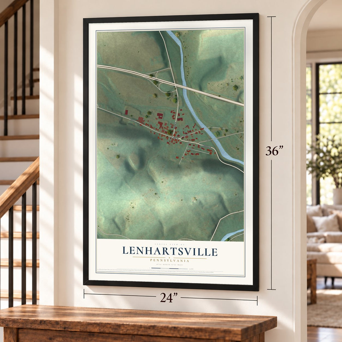 Lenhartsville, Pennsylvania map, 24 x 36 inch print in a black frame by a staircase