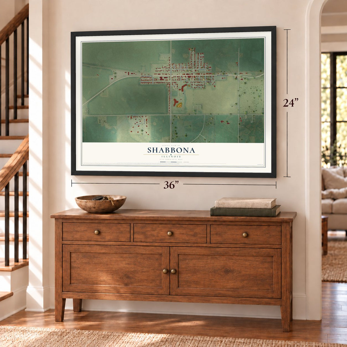 Shabbona, Illinois map, 24 x 36 inch print in a black frame above a dresser by a staircase