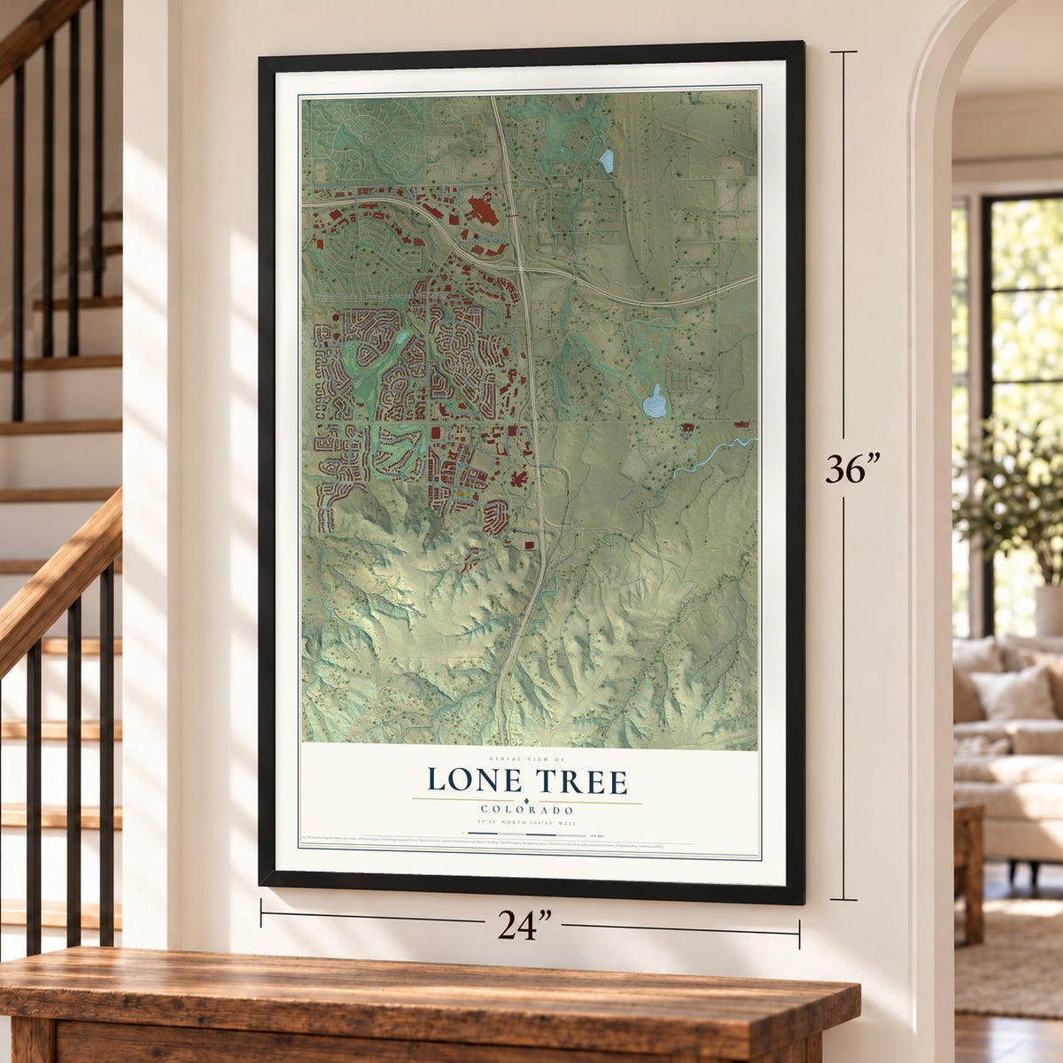 Lone Tree, Colorado map, 24 x 36 inch print in a black frame by a staircase