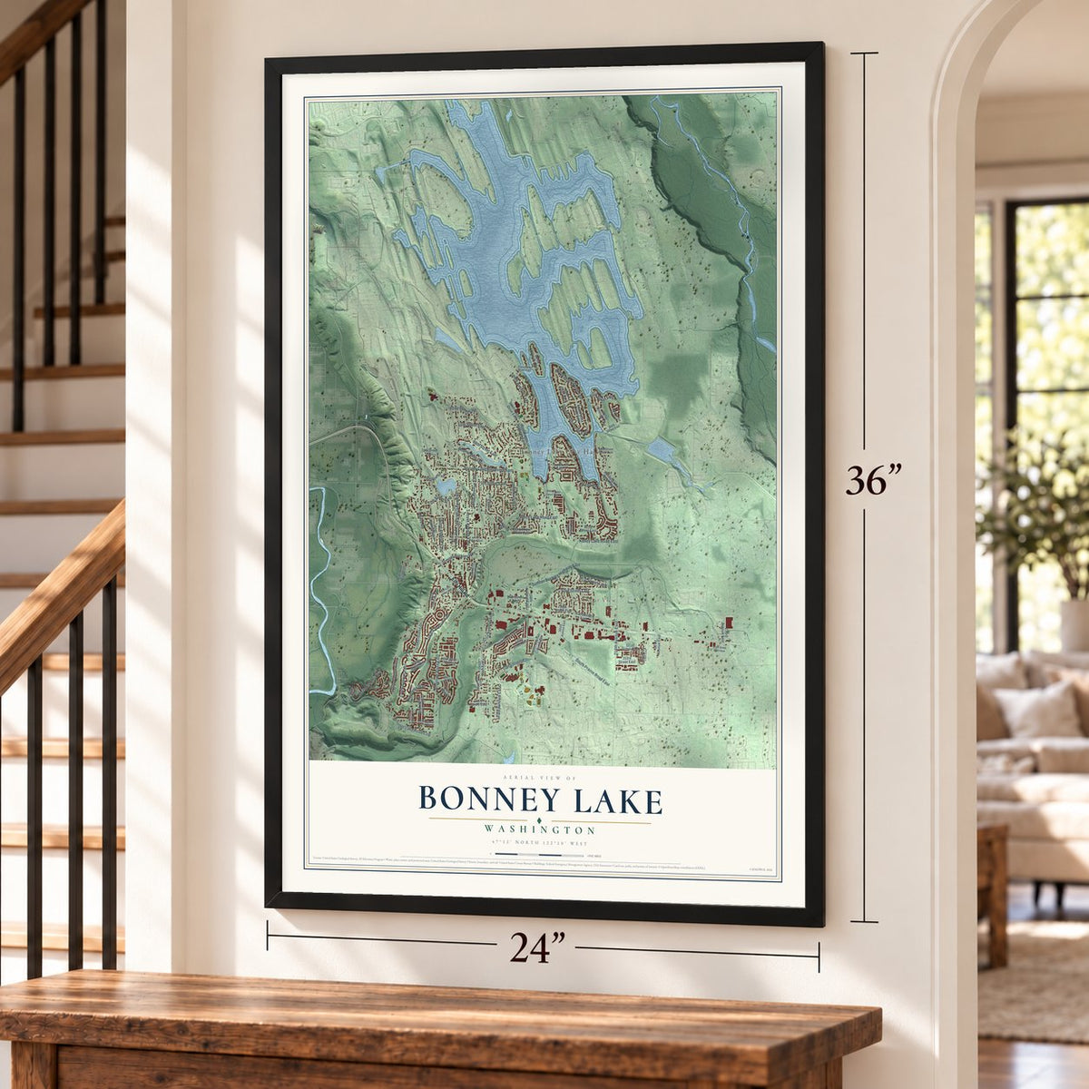 Bonney Lake, Washington map, 24 x 36 inch print in a black frame by a staircase