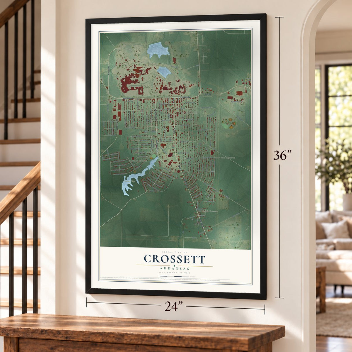 Crossett, Arkansas map, 24 x 36 inch print in a black frame by a staircase