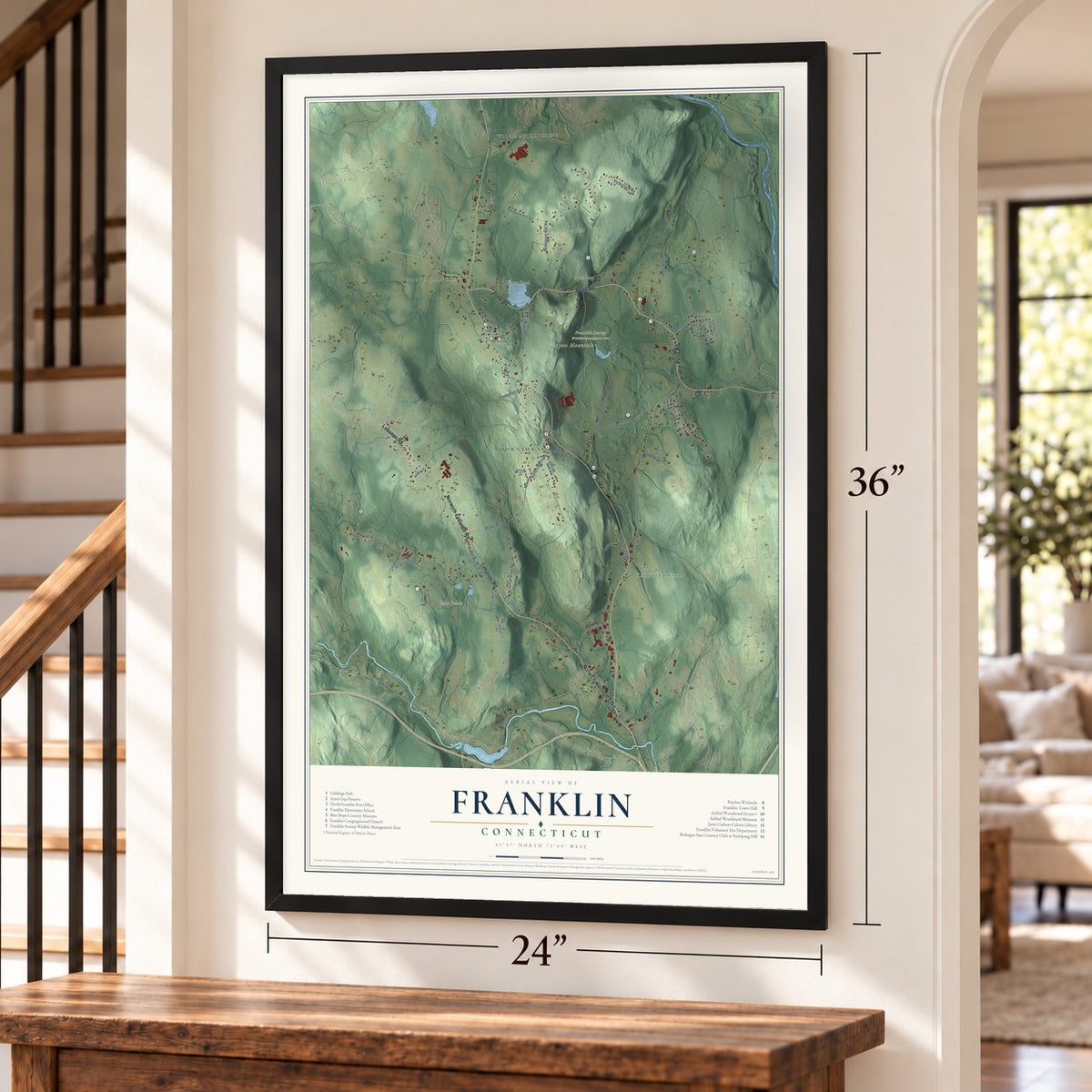 Franklin, Connecticut map, 24 x 36 inch print in a black frame by a staircase