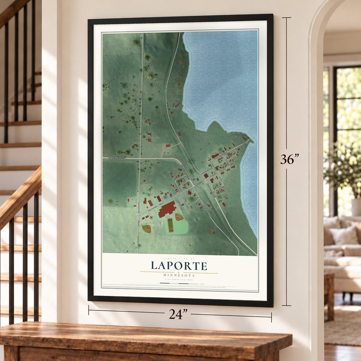 Laporte, Minnesota map, 24 x 36 inch print in a black frame by a staircase