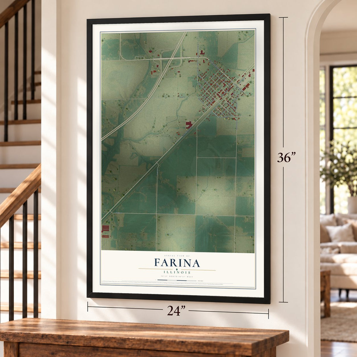 Farina, Illinois map, 24 x 36 inch print in a black frame by a staircase