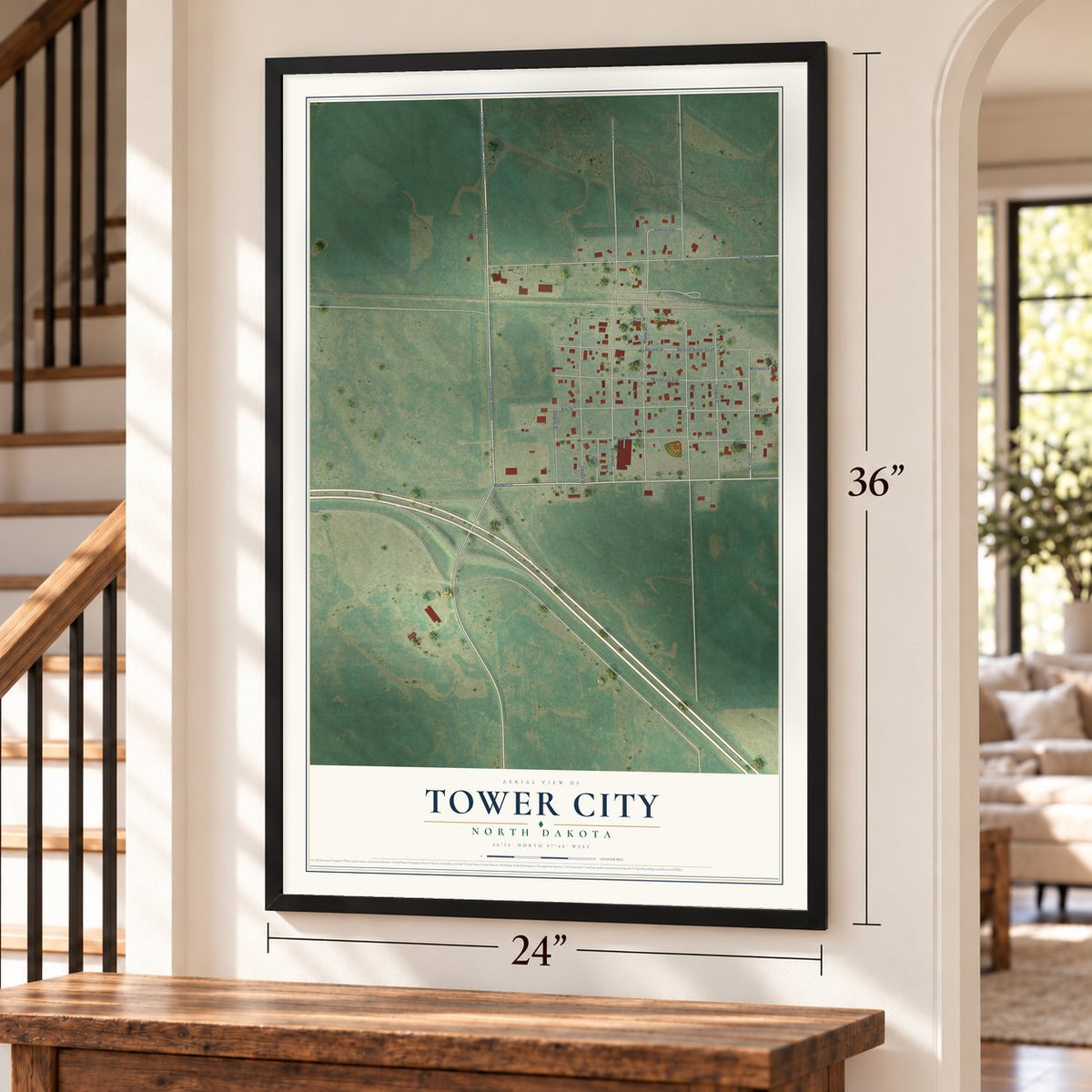 Tower City, North Dakota map, 24 x 36 inch print in a black frame by a staircase