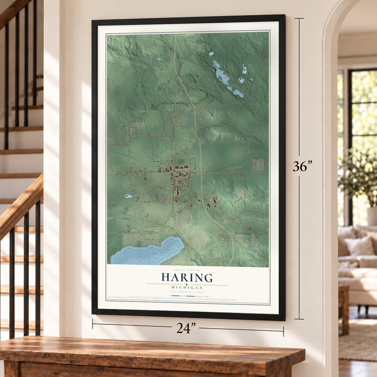 Haring, Michigan map, 24 x 36 inch print in a black frame by a staircase