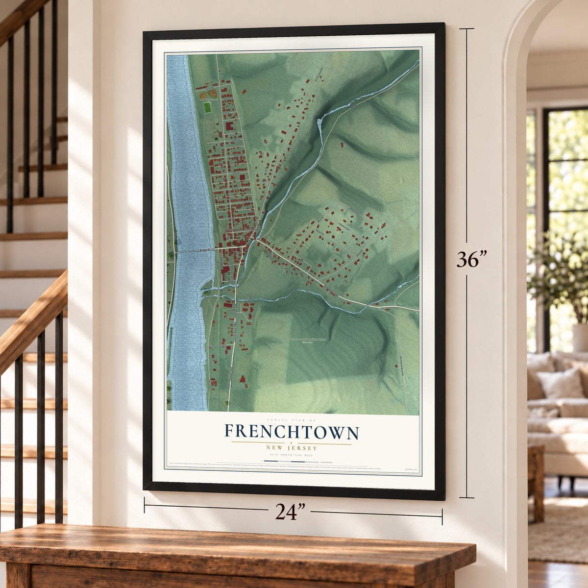 Frenchtown, New Jersey map, 24 x 36 inch print in a black frame by a staircase