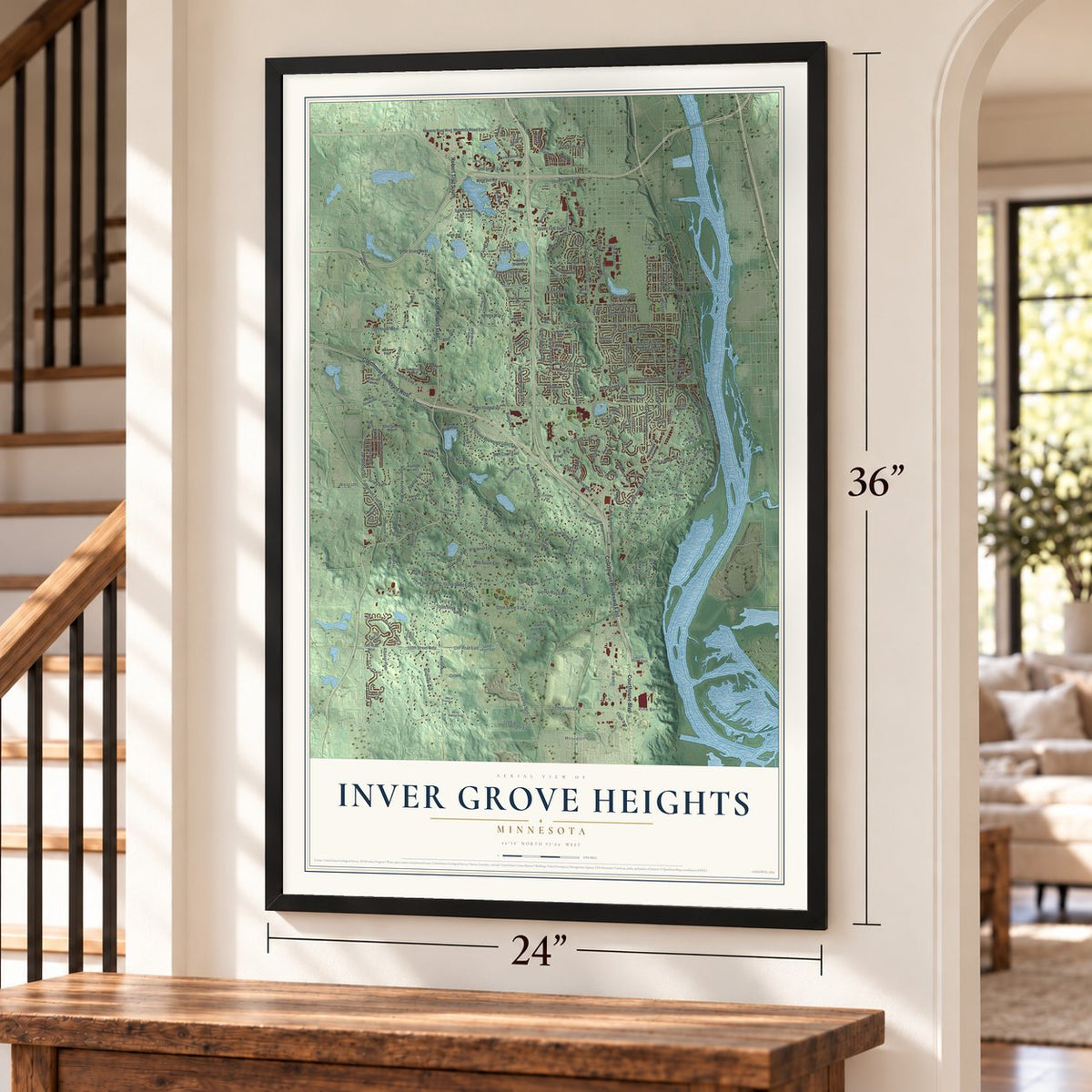 Inver Grove Heights, Minnesota map, 24 x 36 inch print in a black frame by a staircase