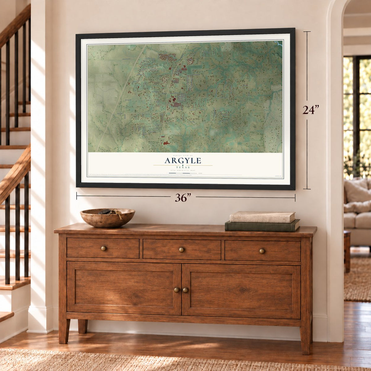 Argyle, Texas map, 24 x 36 inch print in a black frame above a dresser by a staircase