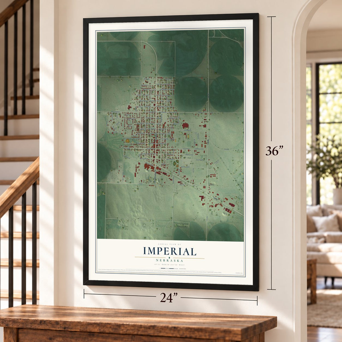 Imperial, Nebraska map, 24 x 36 inch print in a black frame by a staircase