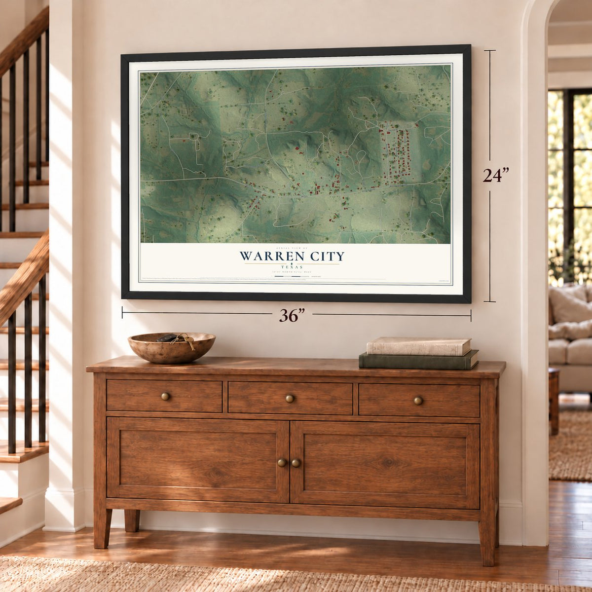 Warren City, Texas map, 24 x 36 inch print in a black frame above a dresser by a staircase