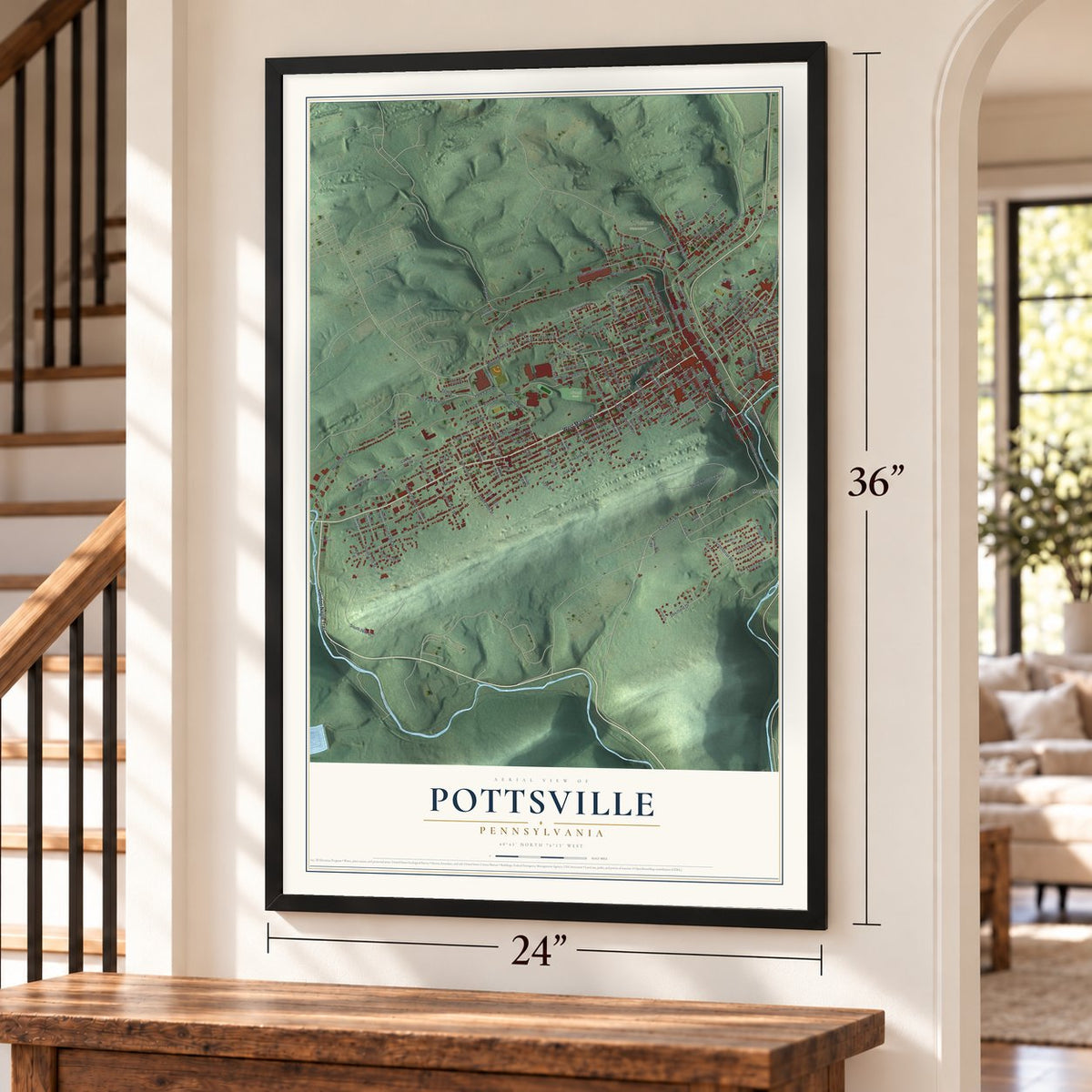 Pottsville, Pennsylvania map, 24 x 36 inch print in a black frame by a staircase