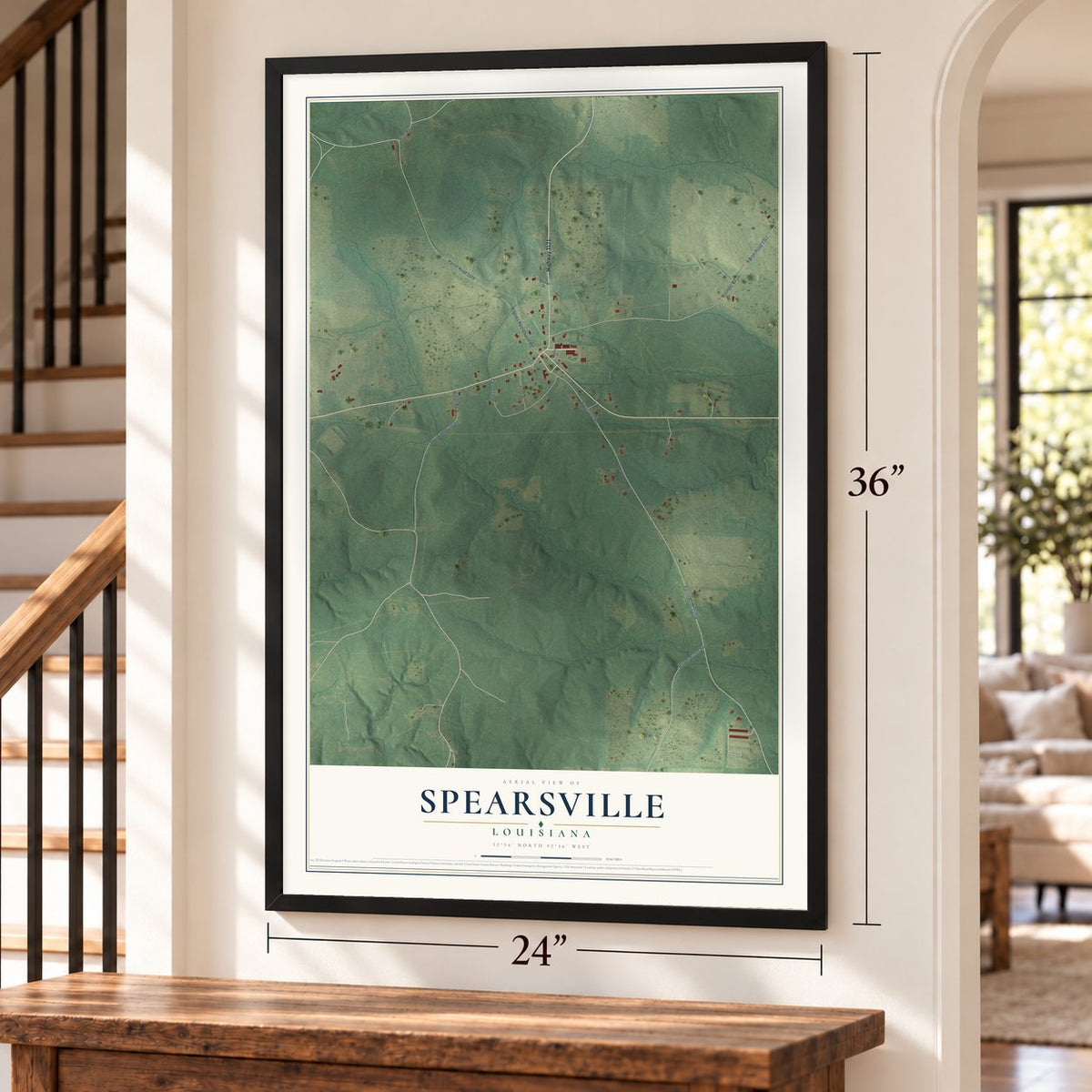 Spearsville, Louisiana map, 24 x 36 inch print in a black frame by a staircase