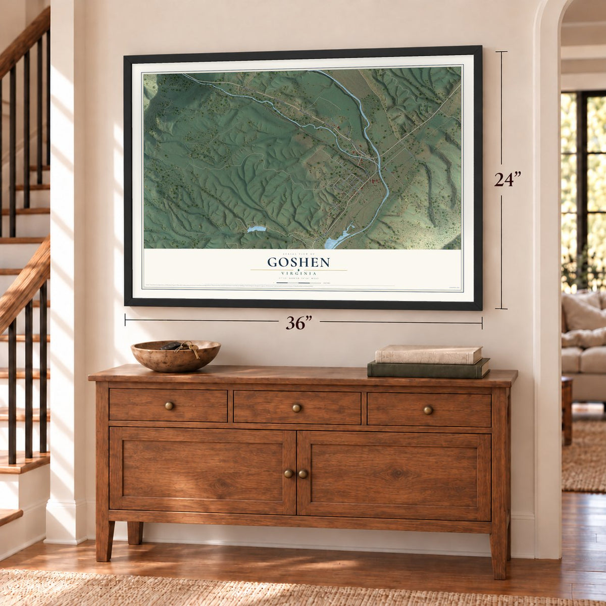 Goshen, Virginia map, 24 x 36 inch print in a black frame above a dresser by a staircase
