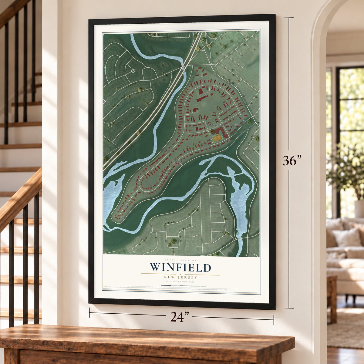 Winfield, New Jersey map, 24 x 36 inch print in a black frame by a staircase