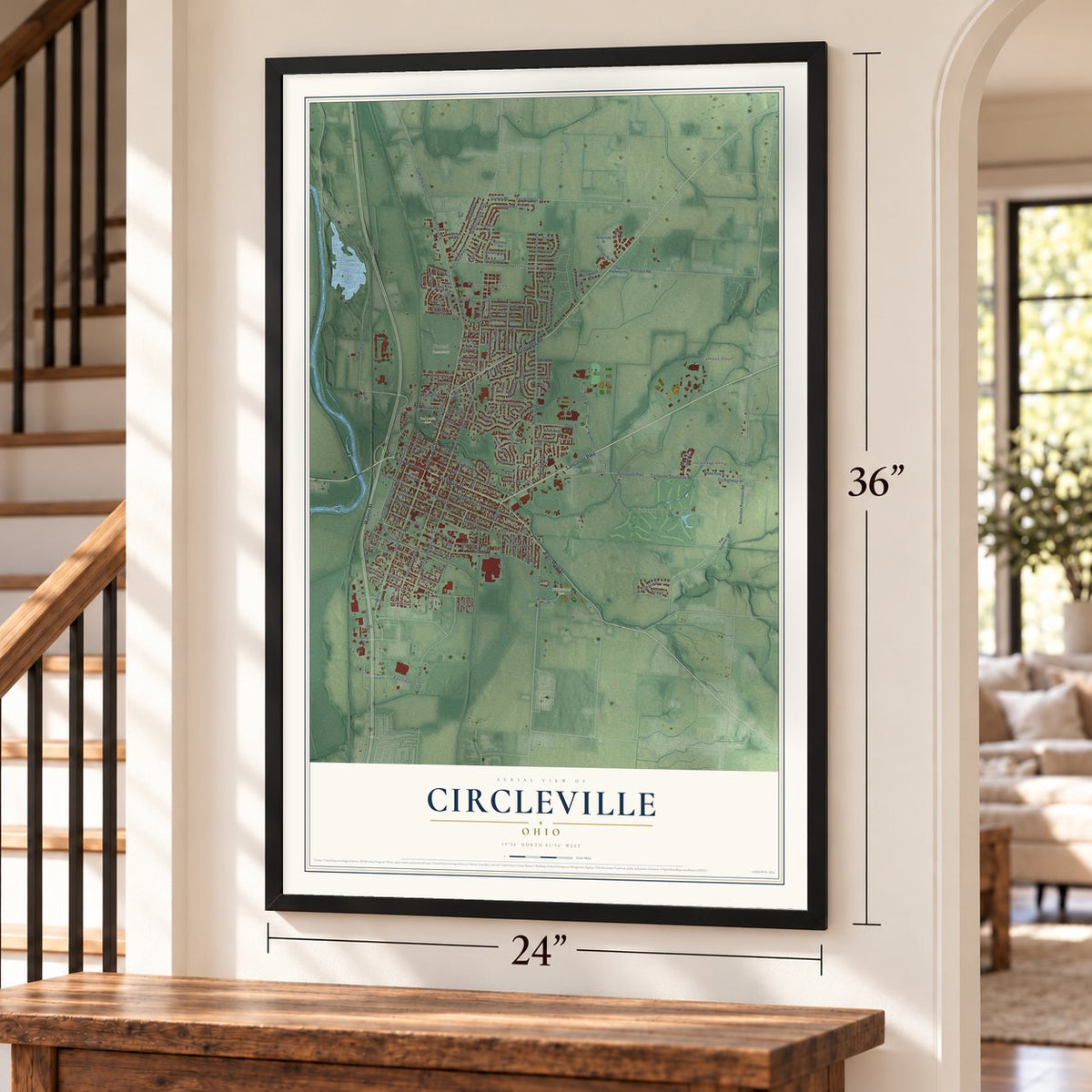 Circleville, Ohio map, 24 x 36 inch print in a black frame by a staircase