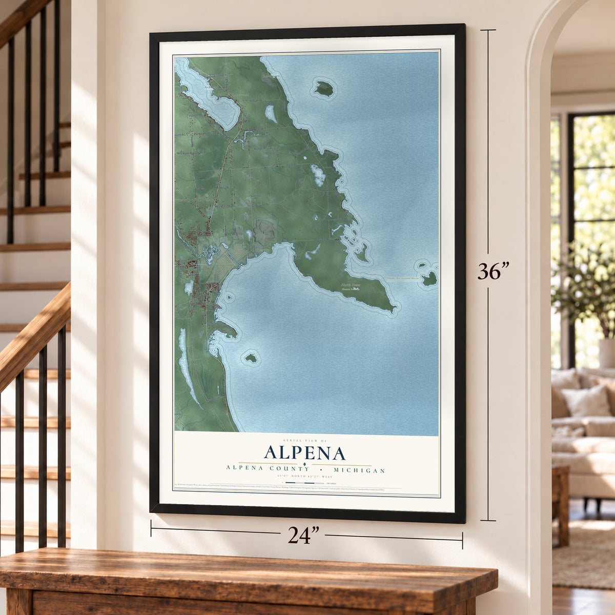 Alpena, Alpena County, Michigan map, 24 x 36 inch print in a black frame by a staircase