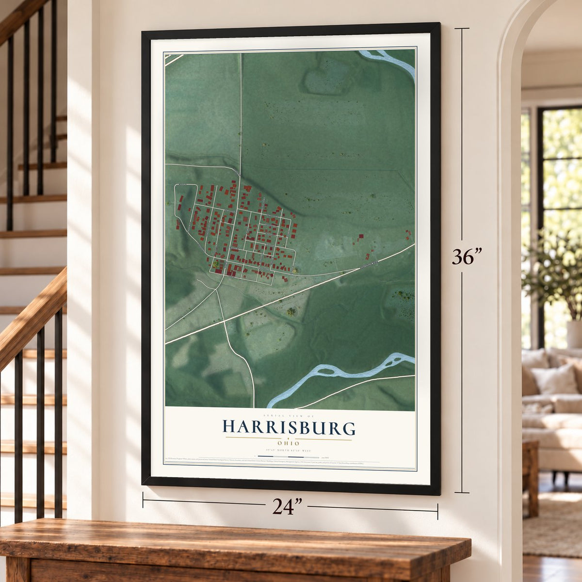 Harrisburg, Ohio map, 24 x 36 inch print in a black frame by a staircase