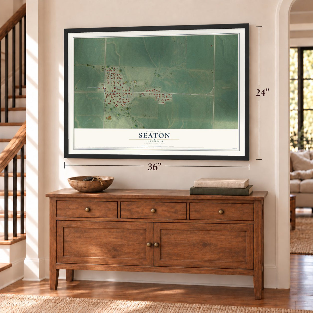 Seaton, Illinois map, 24 x 36 inch print in a black frame above a dresser by a staircase