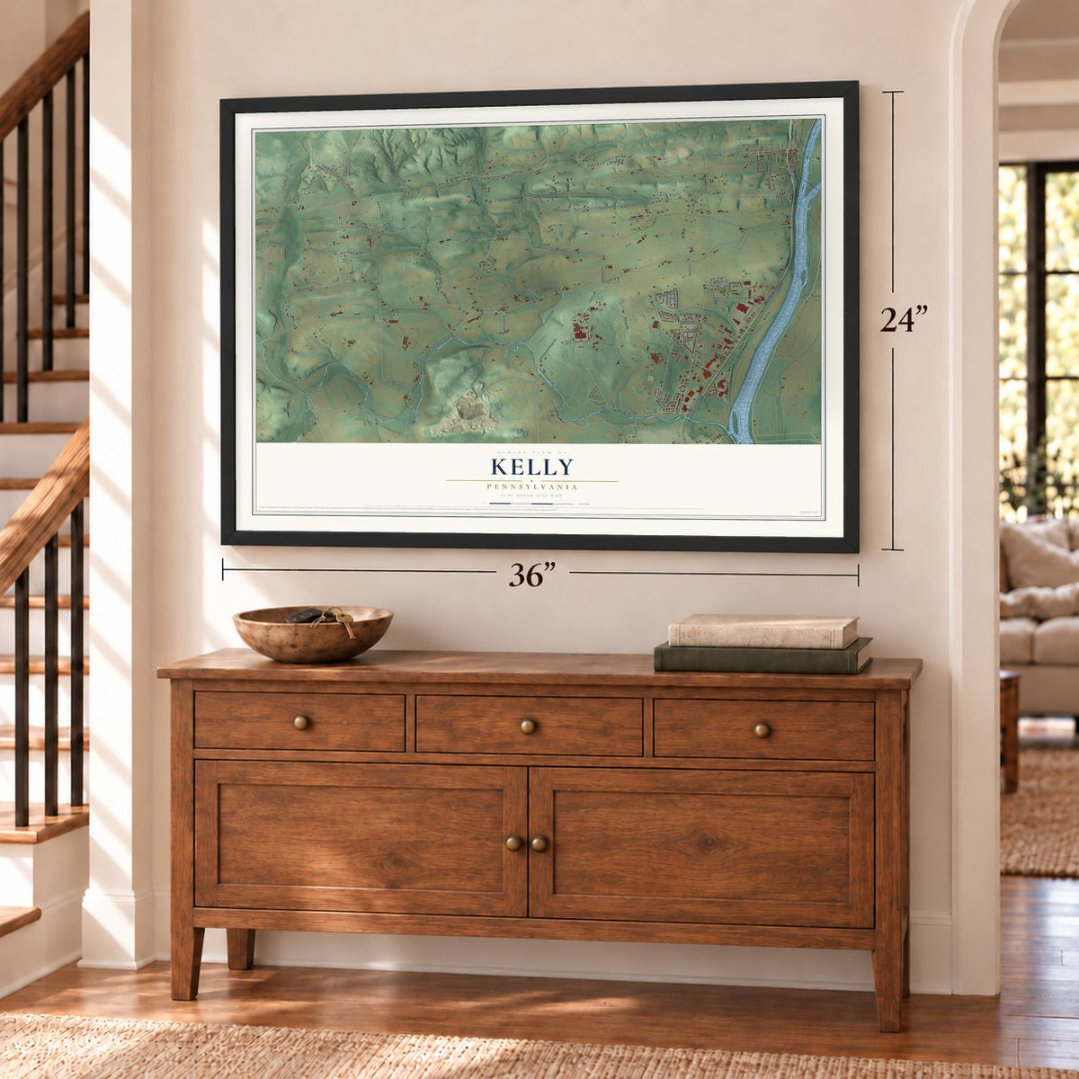 Kelly, Pennsylvania map, 24 x 36 inch print in a black frame above a dresser by a staircase