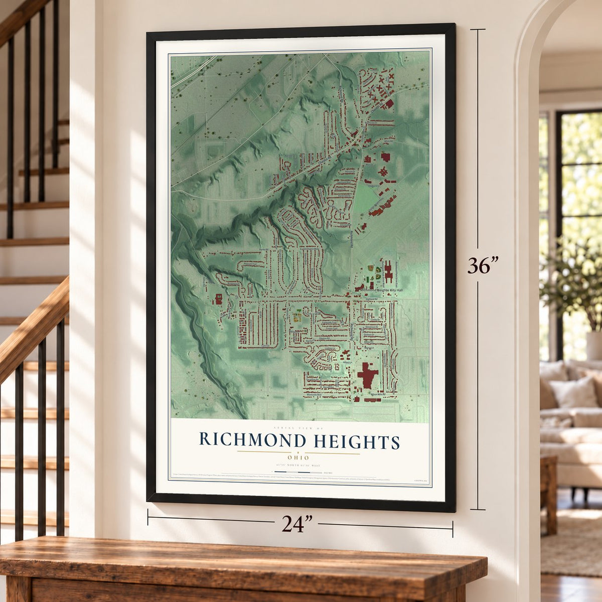 Richmond Heights, Ohio map, 24 x 36 inch print in a black frame by a staircase
