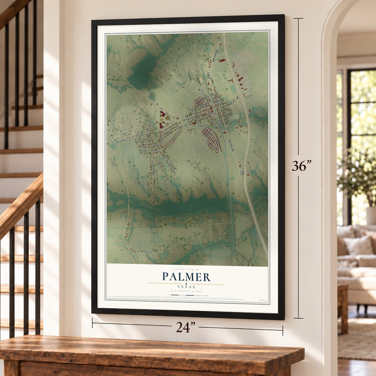 Palmer, Texas map, 24 x 36 inch print in a black frame by a staircase