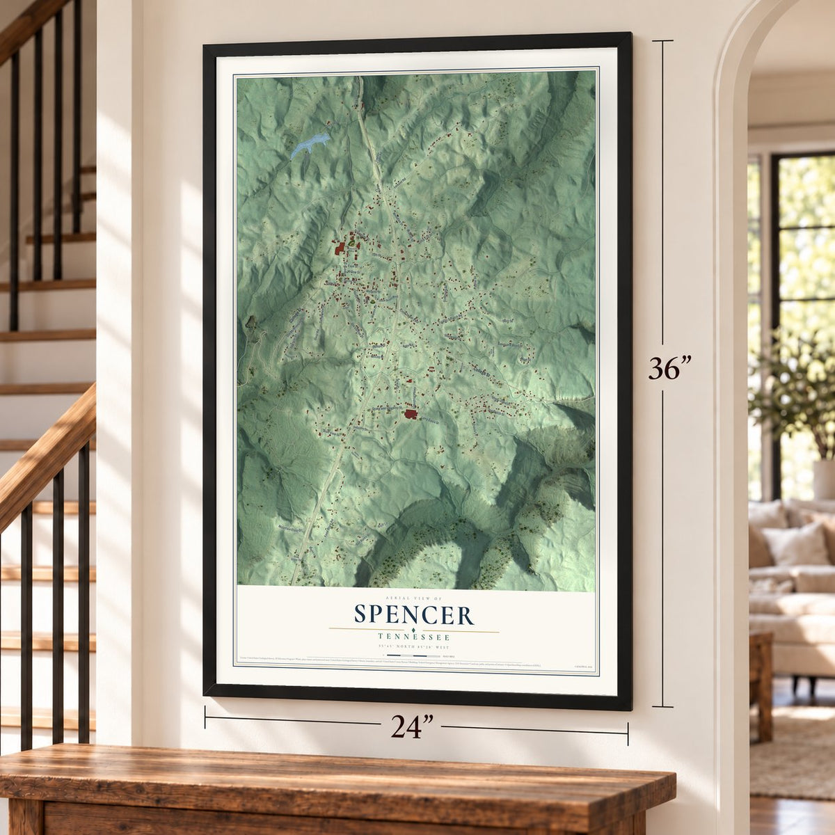 Spencer, Tennessee map, 24 x 36 inch print in a black frame by a staircase