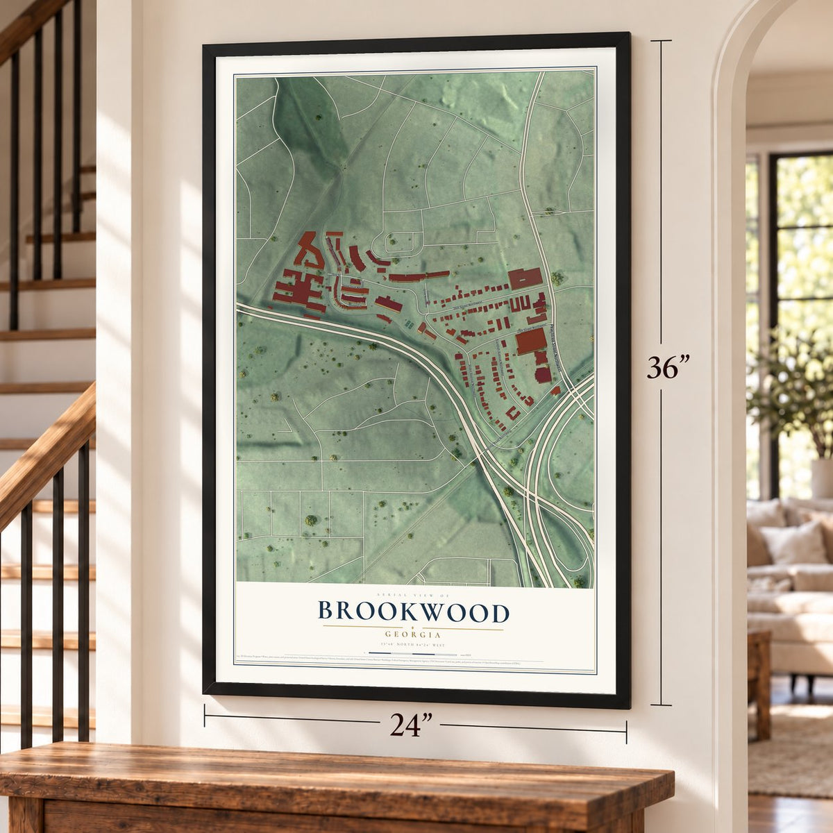 Brookwood, Georgia map, 24 x 36 inch print in a black frame by a staircase