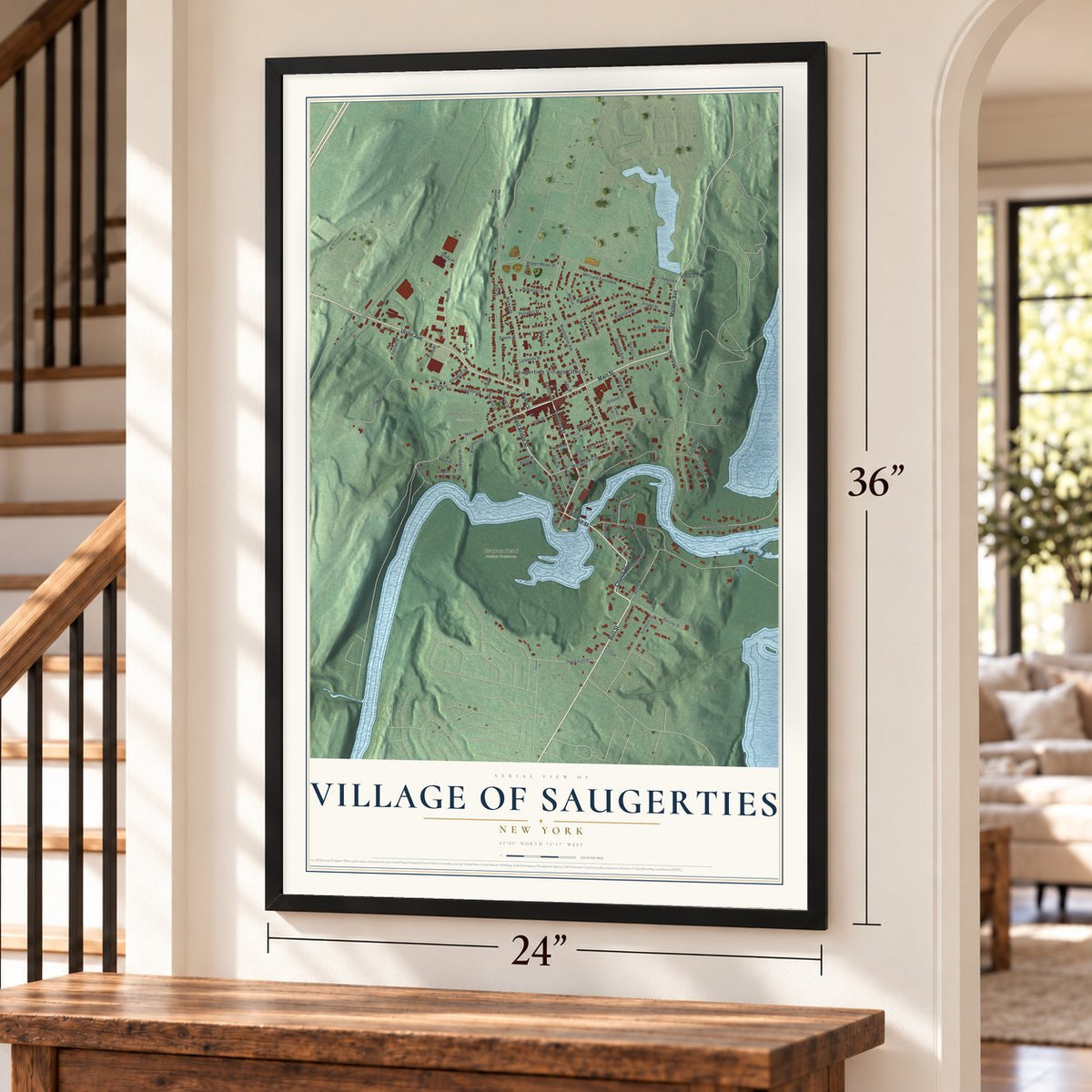 Village of Saugerties, New York map, 24 x 36 inch print in a black frame by a staircase