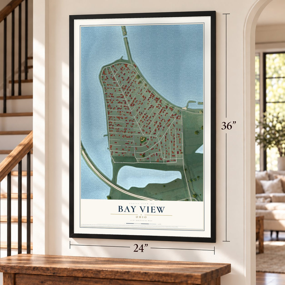 Bay View, Ohio map, 24 x 36 inch print in a black frame by a staircase