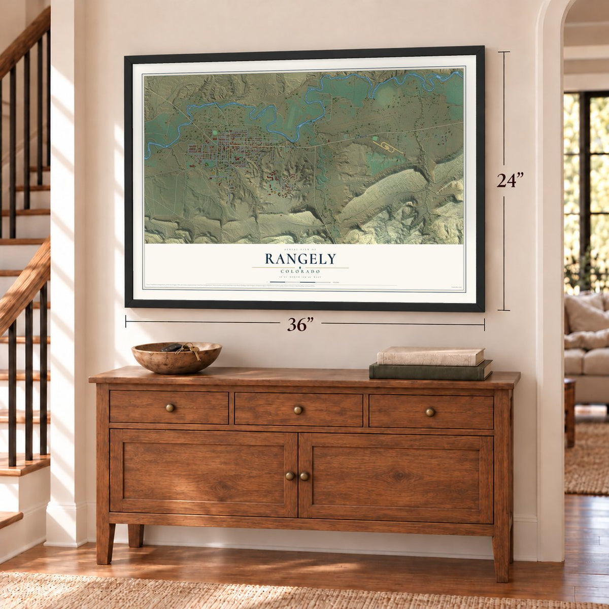 Rangely, Colorado map, 24 x 36 inch print in a black frame above a dresser by a staircase