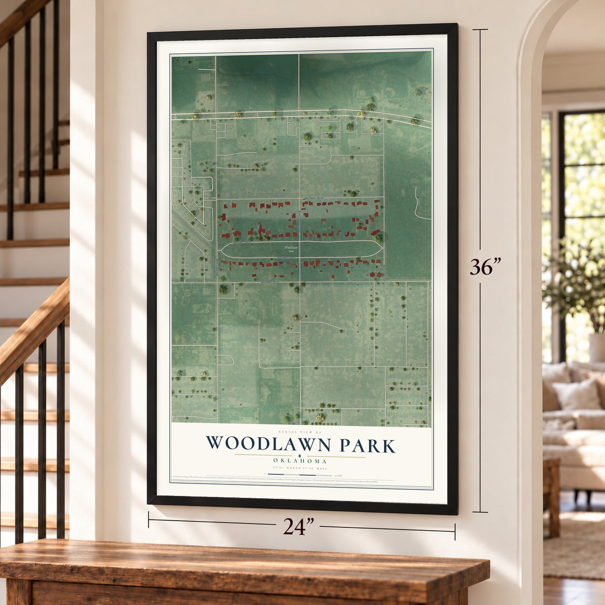 Woodlawn Park, Oklahoma map, 24 x 36 inch print in a black frame by a staircase