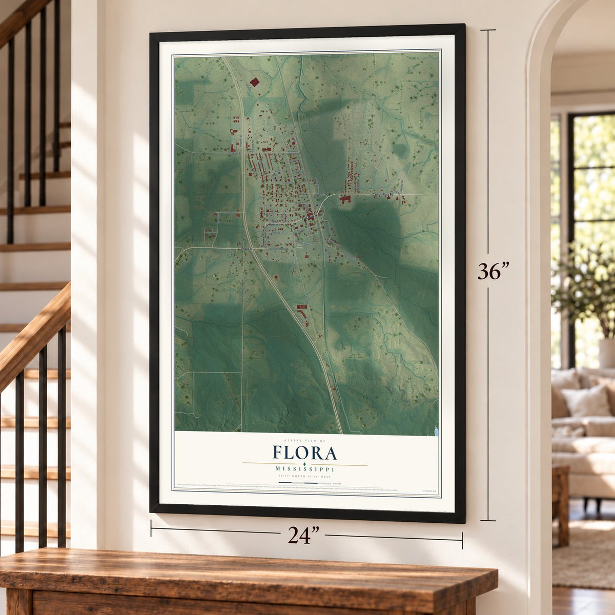 Flora, Mississippi map, 24 x 36 inch print in a black frame by a staircase