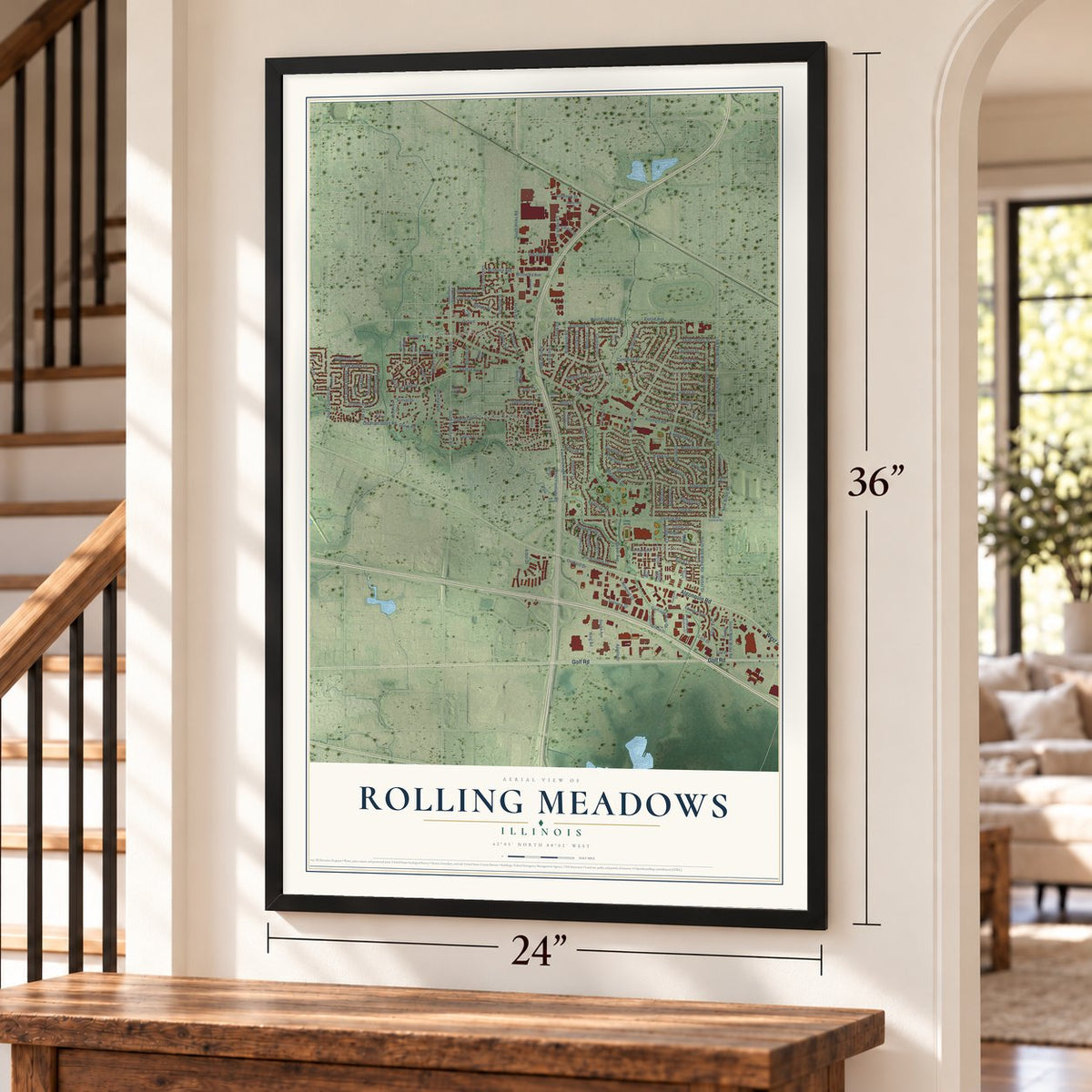 Rolling Meadows, Illinois map, 24 x 36 inch print in a black frame by a staircase