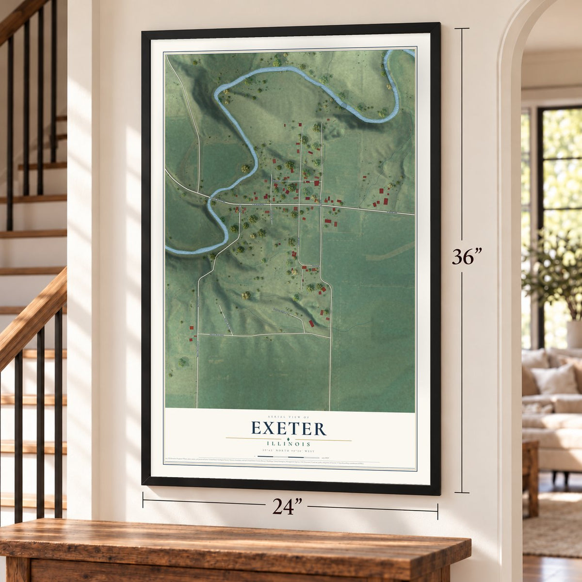Exeter, Illinois map, 24 x 36 inch print in a black frame by a staircase
