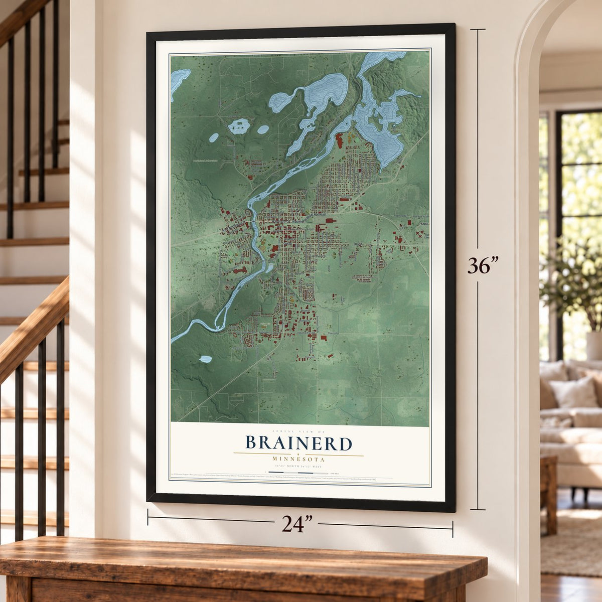 Brainerd, Minnesota map, 24 x 36 inch print in a black frame by a staircase