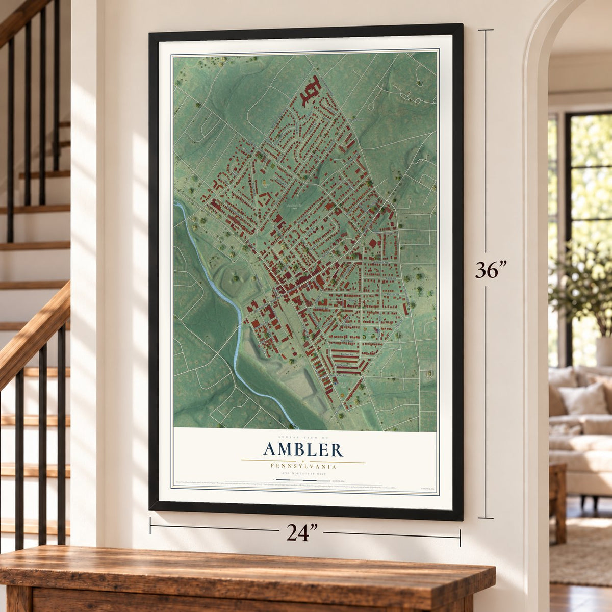 Ambler, Pennsylvania map, 24 x 36 inch print in a black frame by a staircase