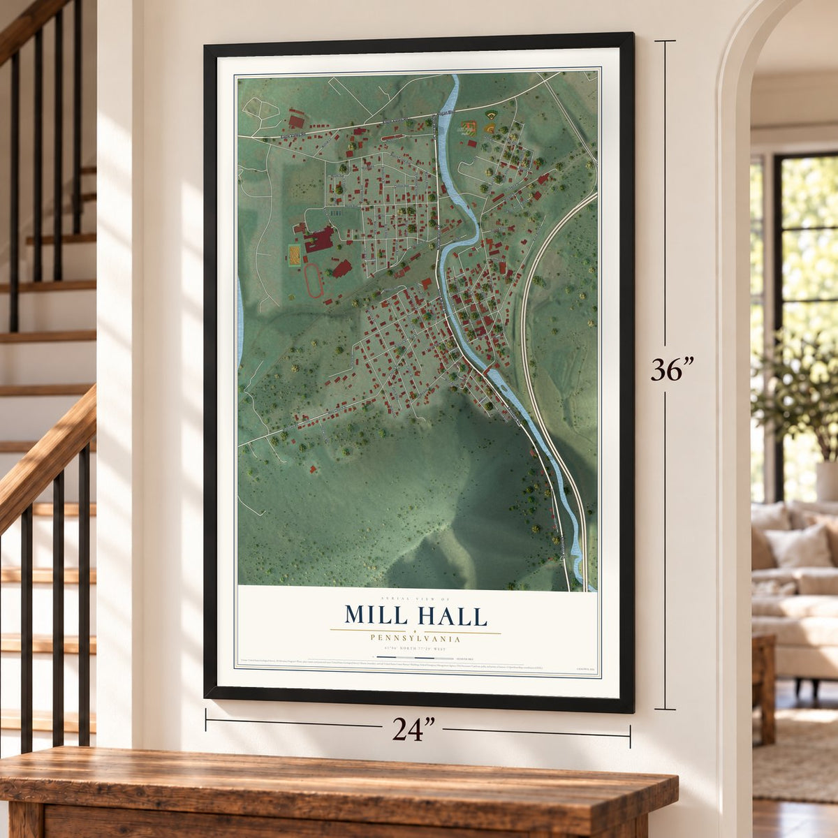 Mill Hall, Pennsylvania map, 24 x 36 inch print in a black frame by a staircase