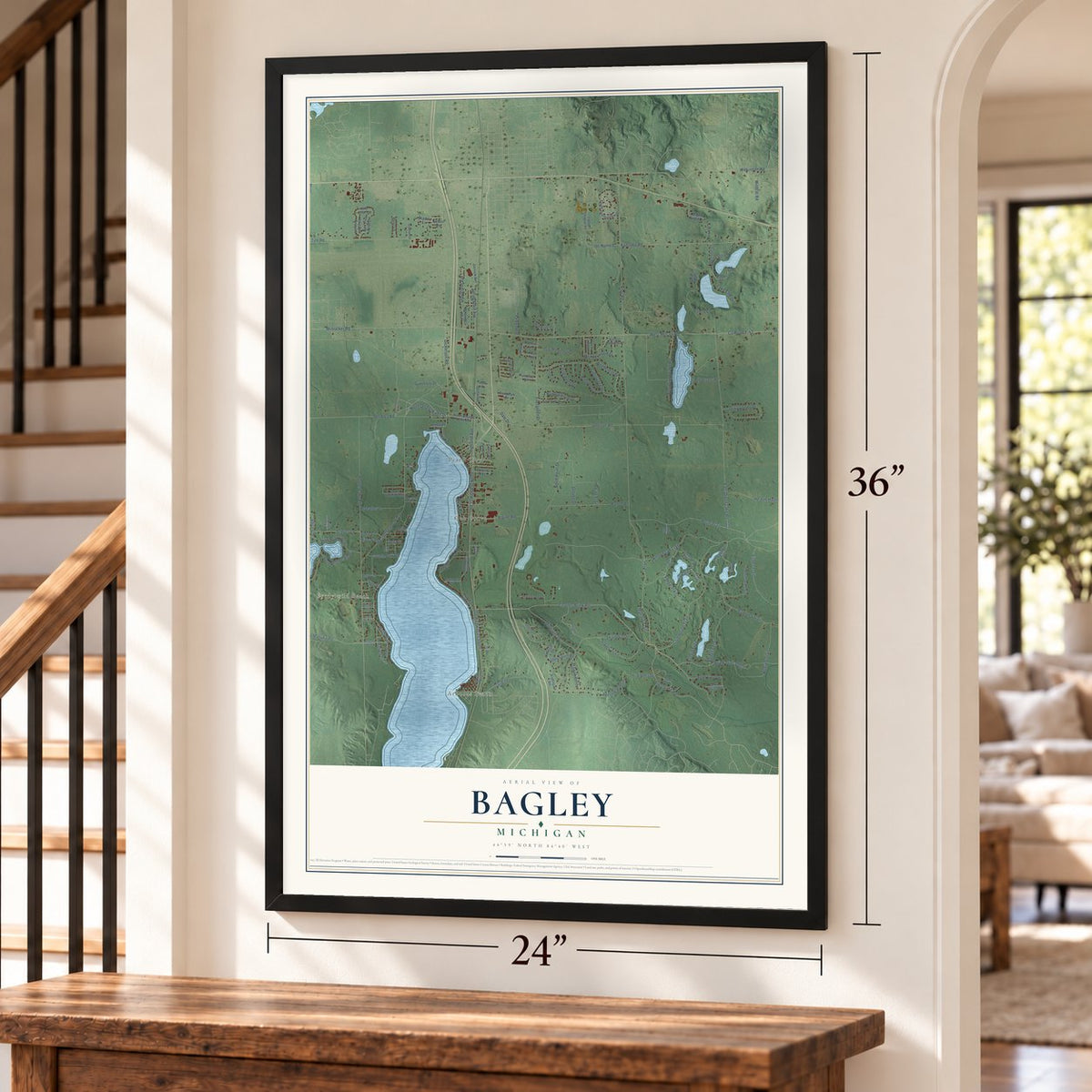 Bagley, Michigan map, 24 x 36 inch print in a black frame by a staircase