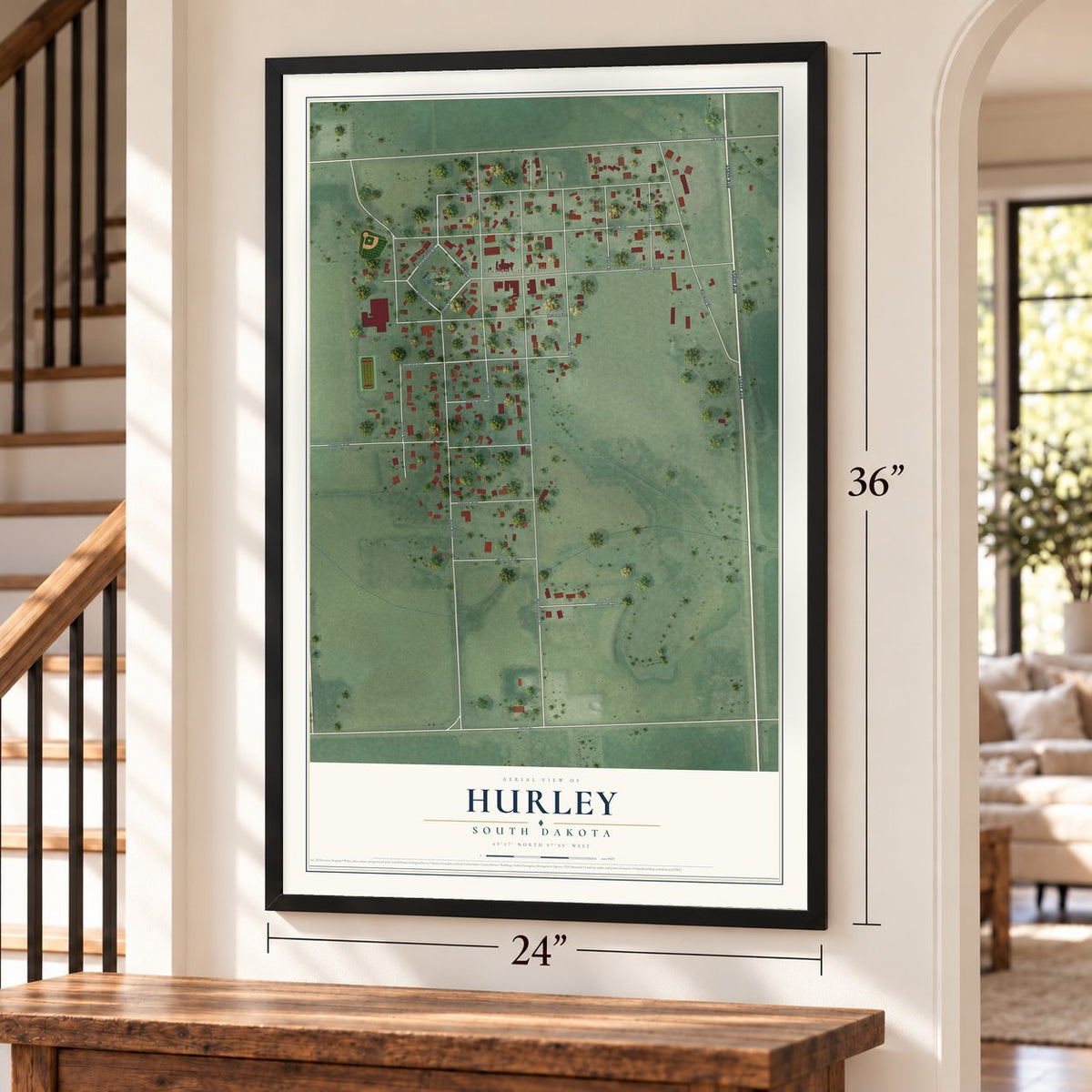Hurley, South Dakota map, 24 x 36 inch print in a black frame by a staircase