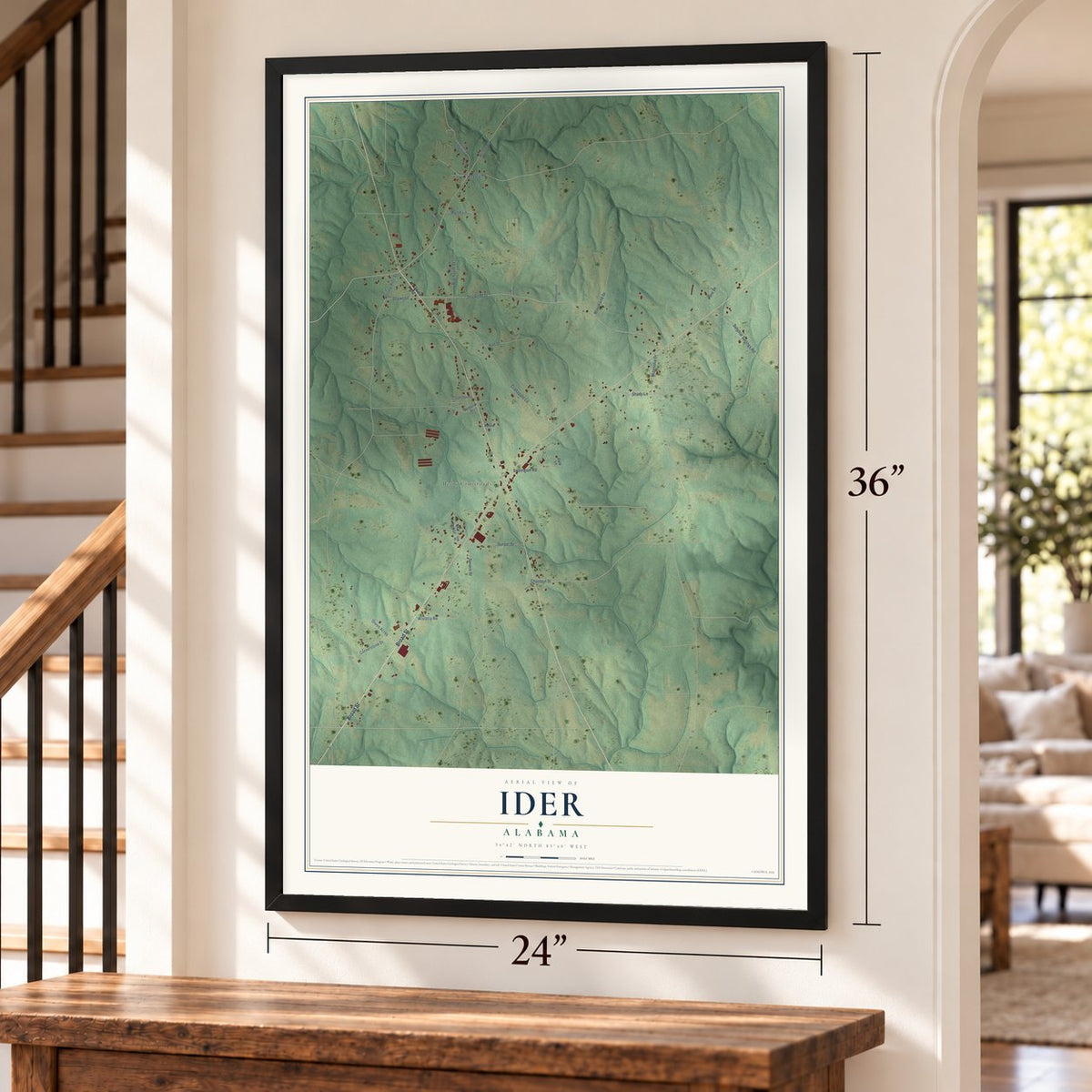 Ider, Alabama map, 24 x 36 inch print in a black frame by a staircase