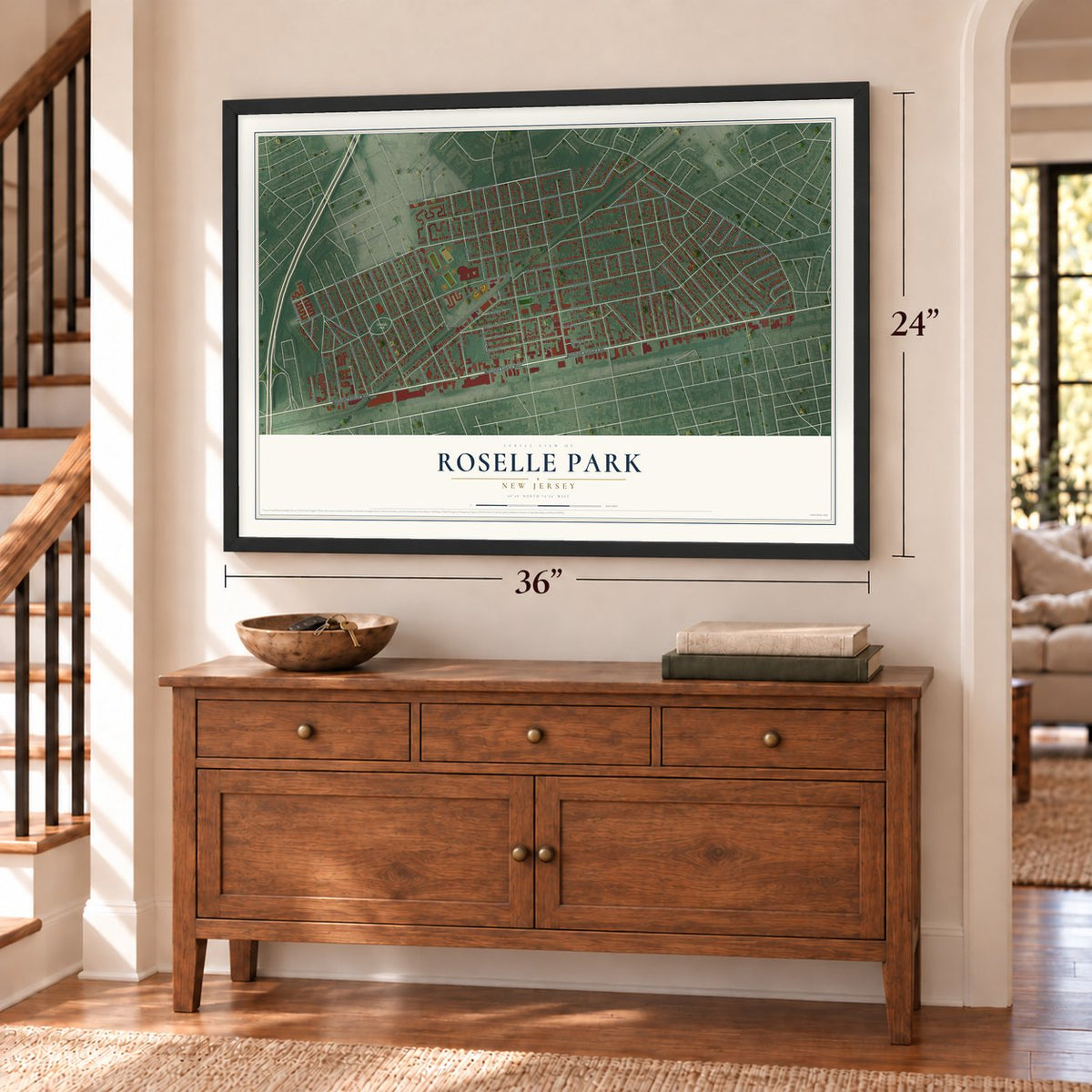 Roselle Park, New Jersey map, 24 x 36 inch print in a black frame above a dresser by a staircase