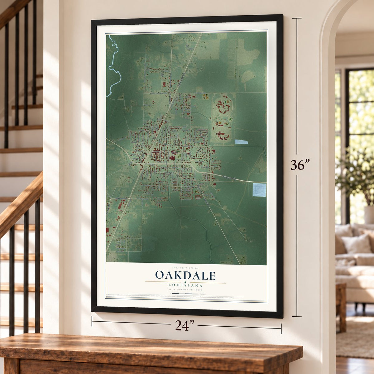 Oakdale, Louisiana map, 24 x 36 inch print in a black frame by a staircase